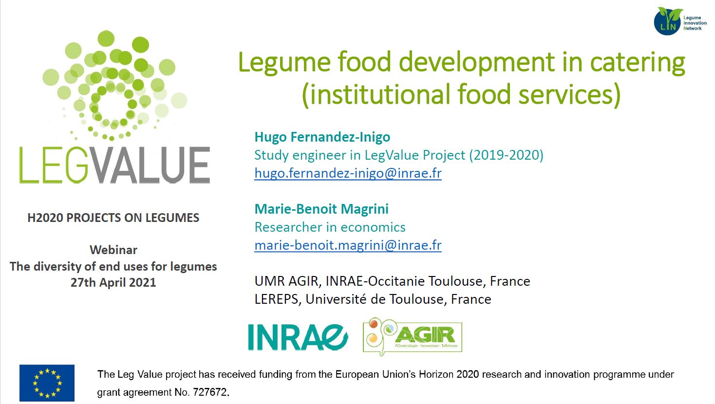 Legume food development in catering institutional food services