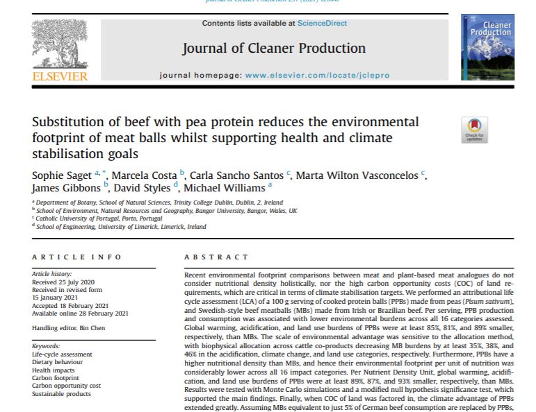 Substitution of beef with pea protein reduces the environmental footprint of meat balls whilst supporting health and climate stabilisation goals